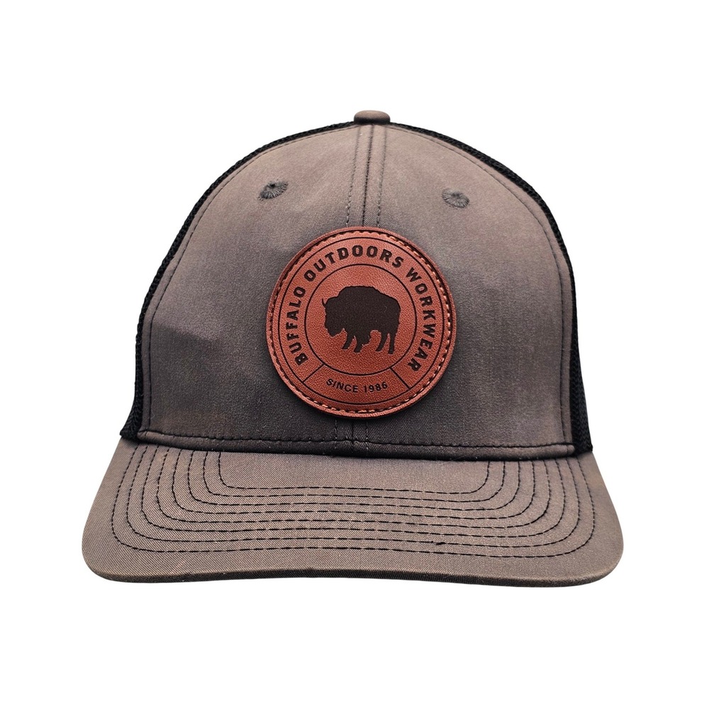 Buffalo Outdoors Workwear Trucker Hat Mens Brown Faux Leather Bison Patch Cap